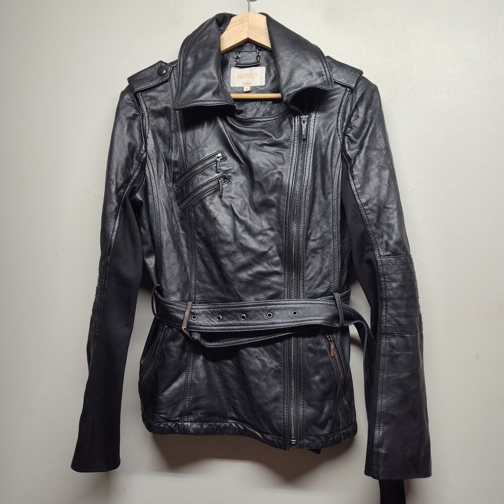 Laundry by Shelli Segal Genuine Leather Moto Jacket Women M Black Belted Goth